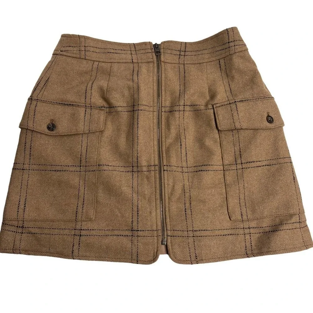 Madewell Zip Front Windowpane Mini Skirt Size 6 NWT Camel Brown Wool